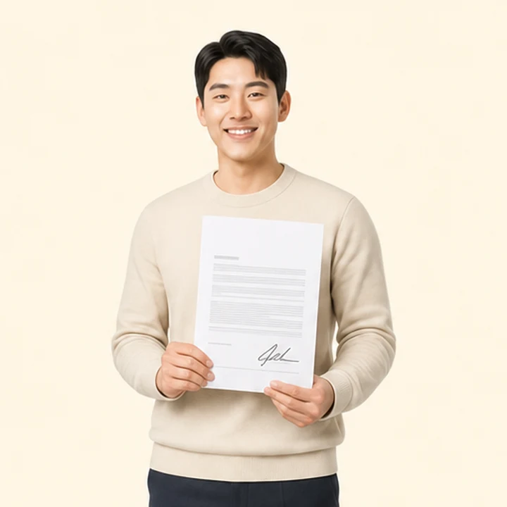 모닝 신차 장기렌트 서면 견적서를 들고 있는 고객
